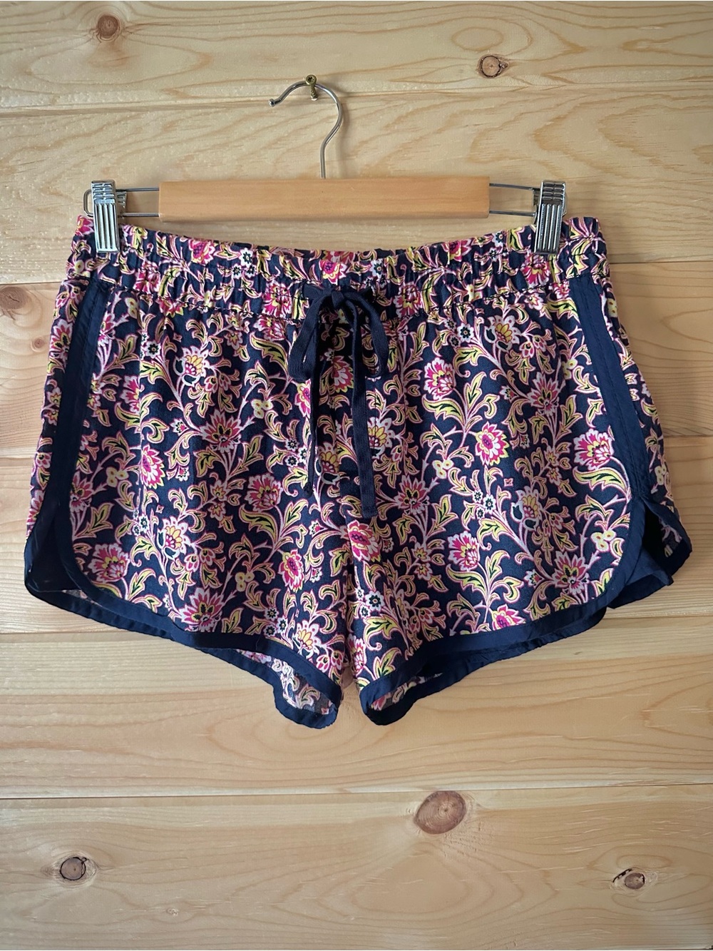 GAP Linen Floral Shorts Elastic Waist Drawstring Dolphin Hem Navy Pink Small